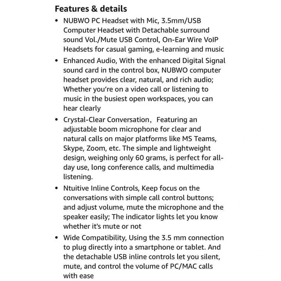 NUBWO HW02 USB Headset With Microphone Noise Cancelling & In-Line Control W/Bag - Picture 11 of 11